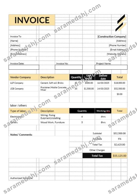 Construction Estimate Invoice Template